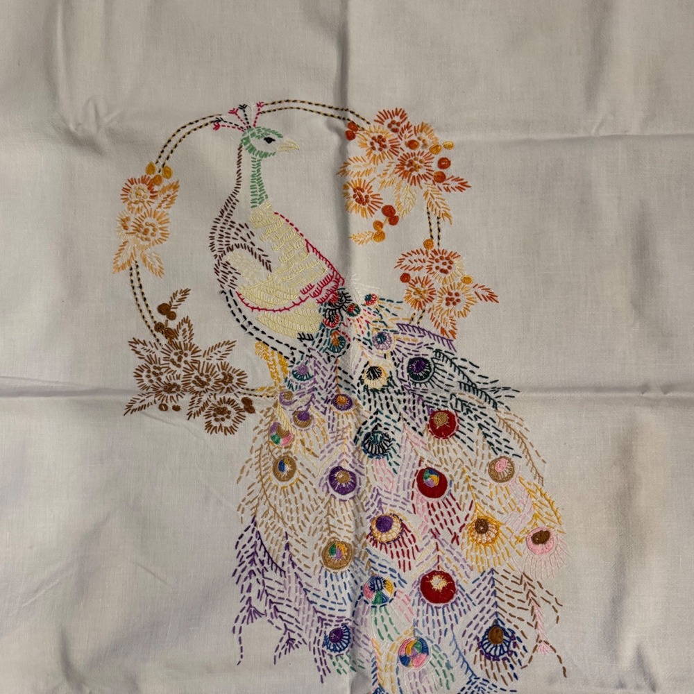 Vintage Hand Embroidered Peacock Linen Table 32 inch Square Floral Cream Ivory